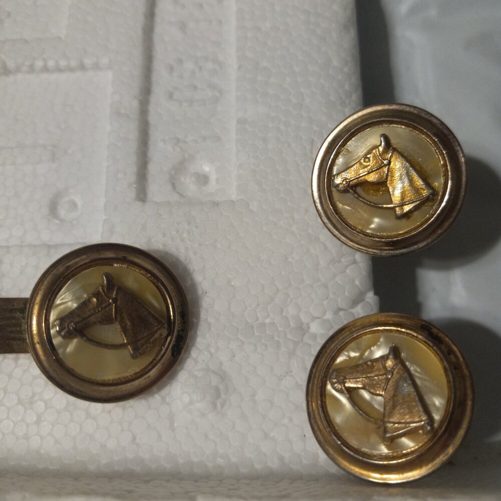 Vintage Men’s Horse Head Tie Clip & Cufflinks Set Gold Tone Equestrian